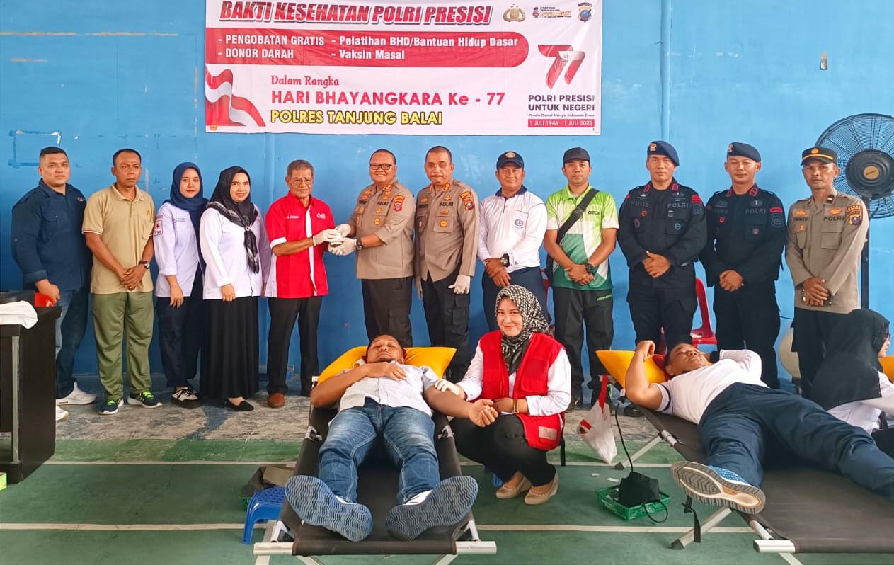 Polres Tanjung Balai Melaksanakan Donor Darah Bakti Kesehatan Polri Presisi dalam rangka Hari Bhayangkara Ke-77
